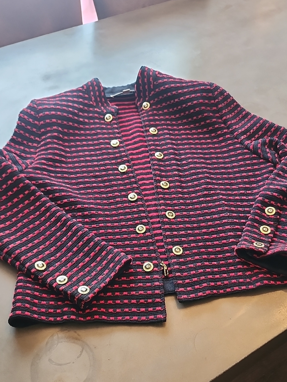 St. John Collection Navy & Pink Striped Knit Jacket with Gold Buttons